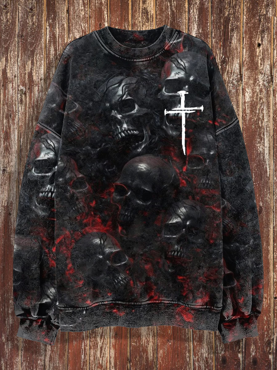 Unisex Fire Skull Cross Print Crew Neck Casual Sweatshirt