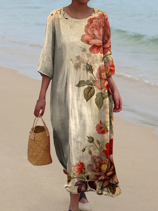 Retro Floral Art Printed Round Neck Vintage Loose Long Sleeves Midi Dress