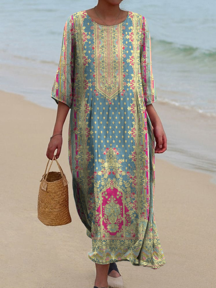 Retro Boho Floral Art Printed Round Neck Vintage Loose Long Sleeves Midi Dress