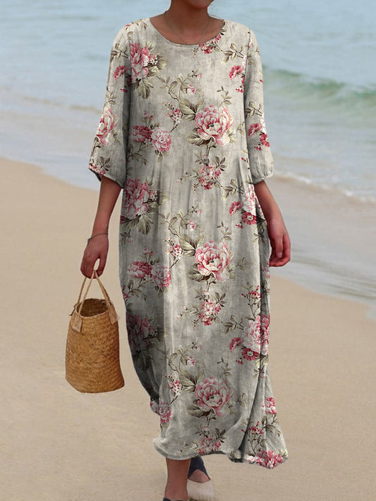 Retro Floral Art Printed Round Neck Vintage Loose Long Sleeves Midi Dress