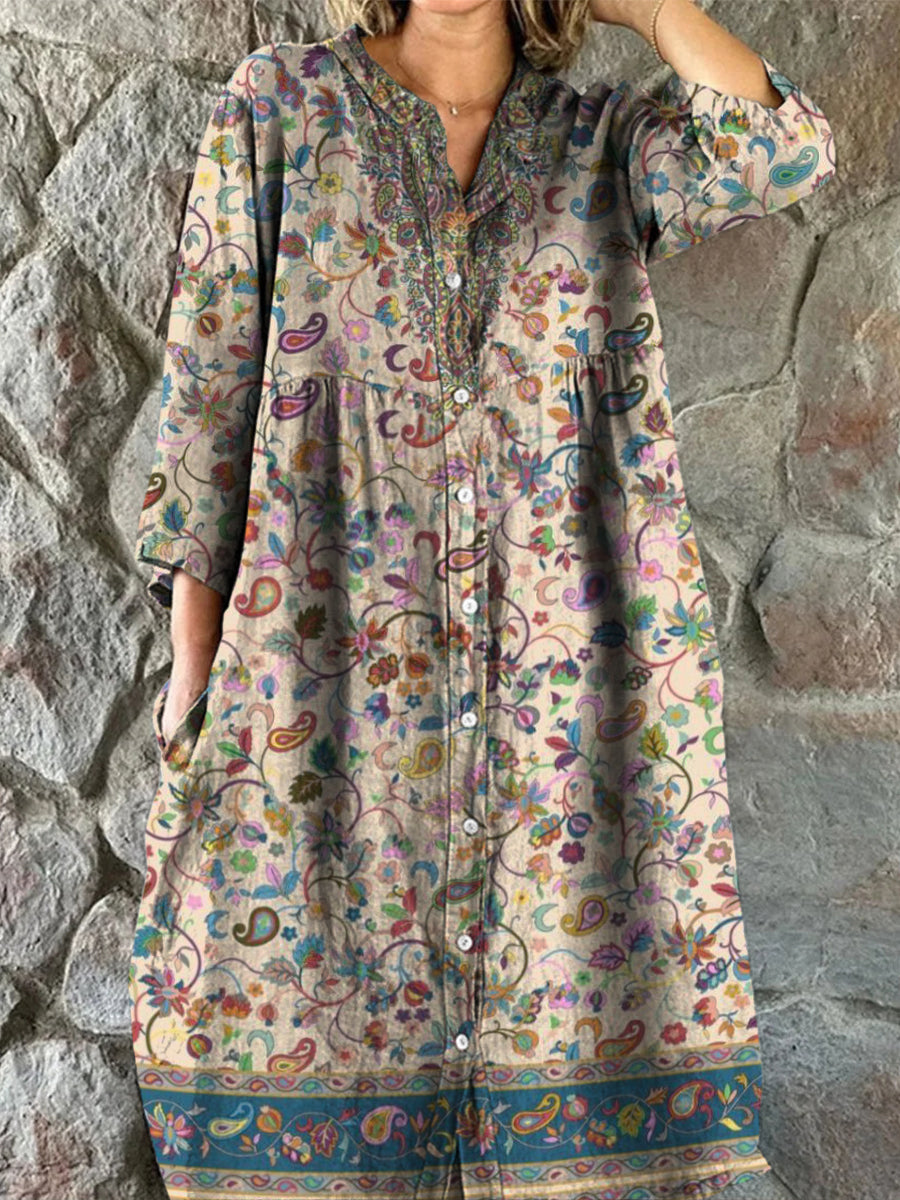 Retro Boho Floral Art Print Vintage Chic V-Neck Button Up Long Sleeve Midi Dress