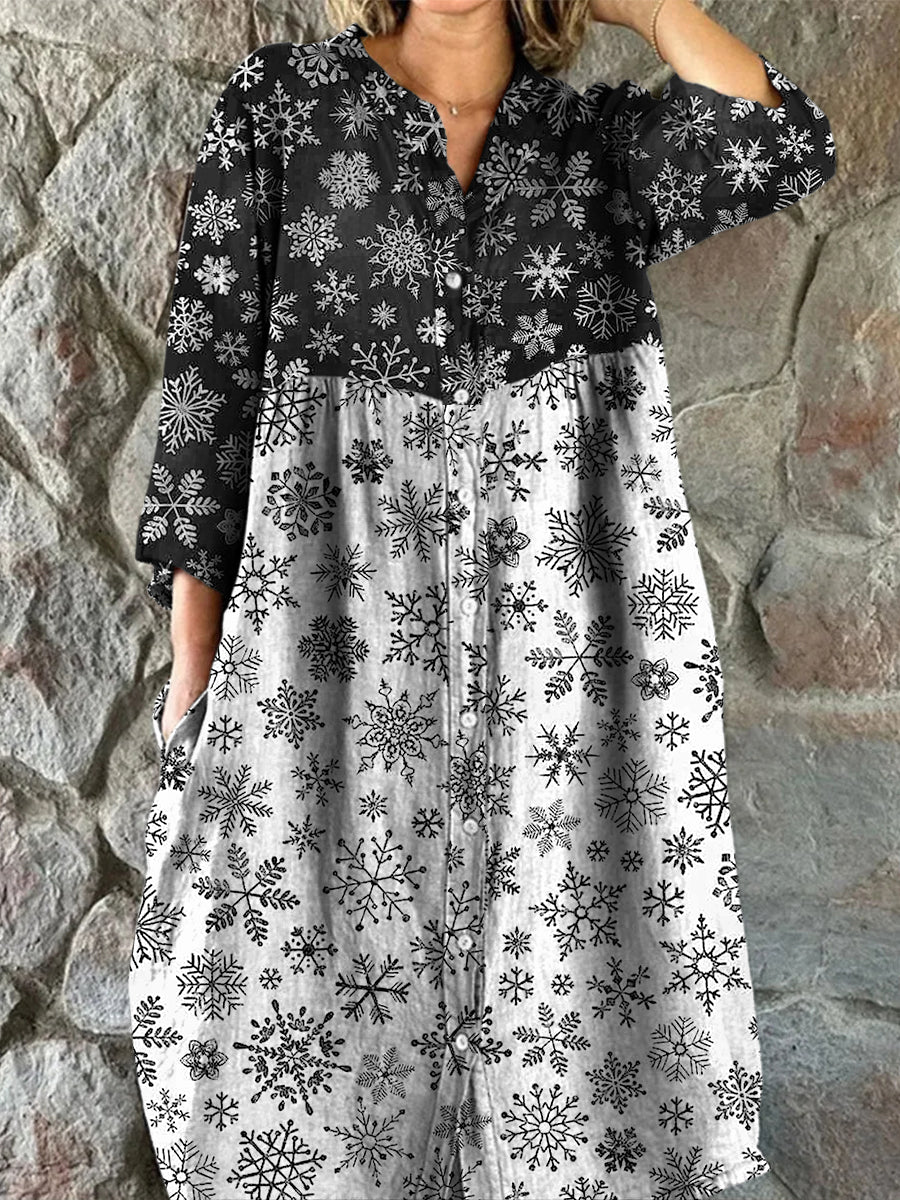 Retro Boho Floral Art Print Vintage Chic V-Neck Button Up Long Sleeve Midi Dress