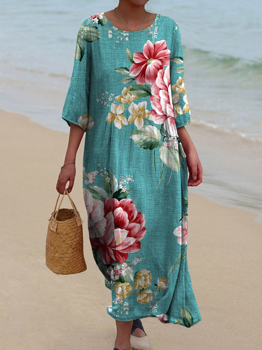 Retro Floral Art Printed Round Neck Vintage Loose Long Sleeves Midi Dress