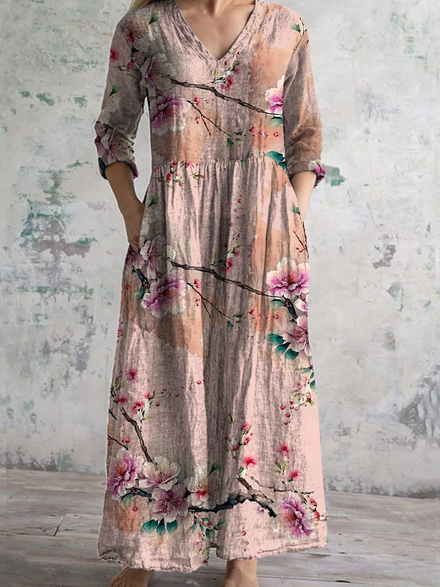 Retro Boho Floral Art Printed V-Neck Vintage Casual Long Sleeve Midi Dress