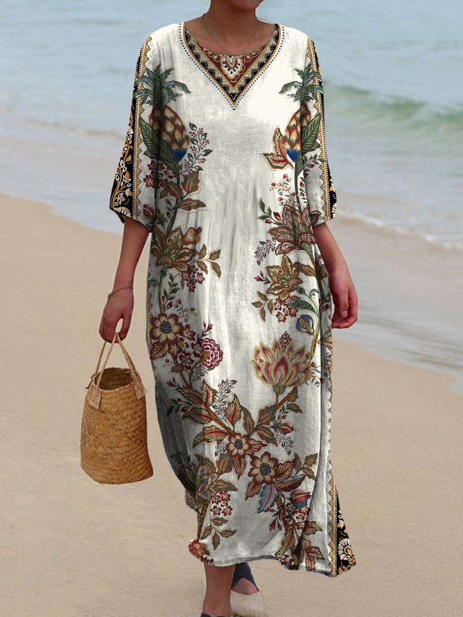 Retro Boho Floral Art Printed Round Neck Vintage Loose Long Sleeves Midi Dress