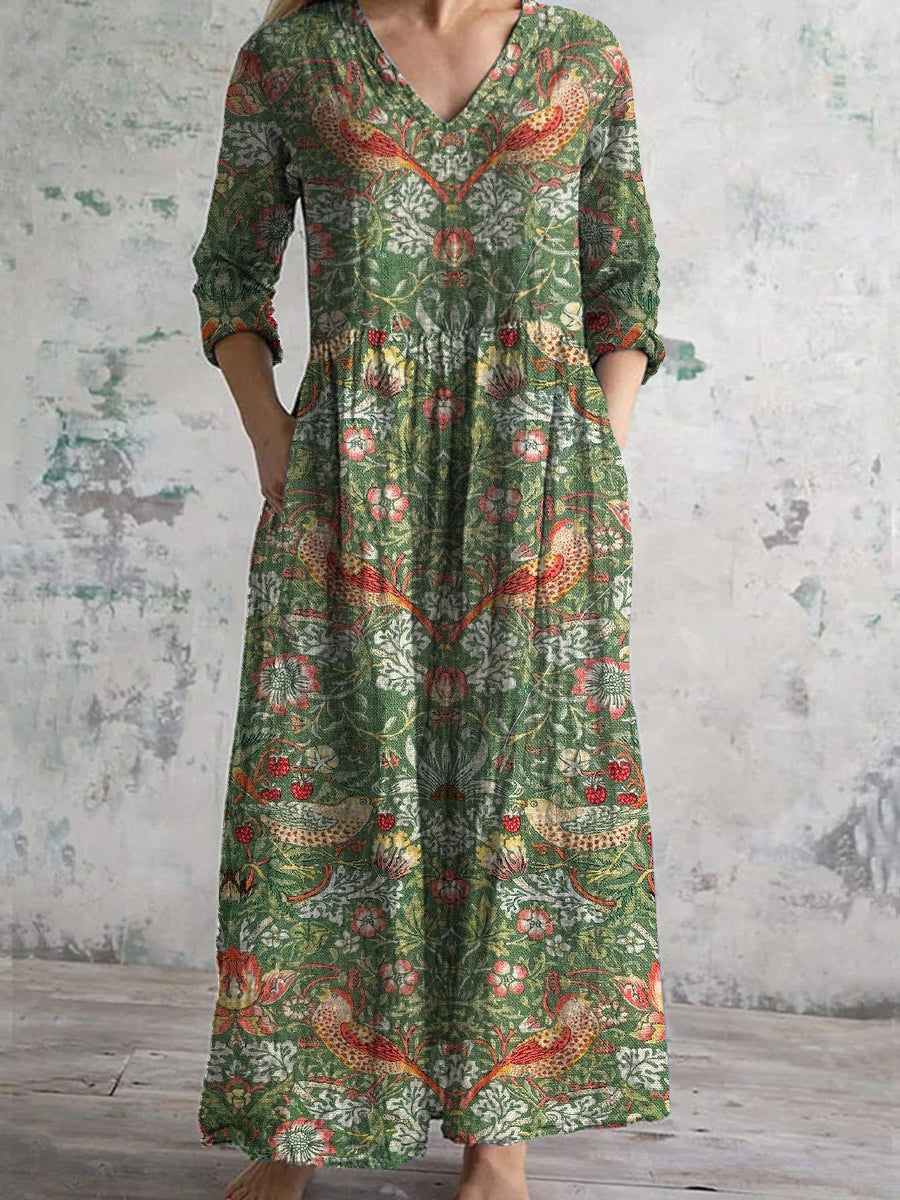 Retro Boho Floral Art Printed V-Neck Vintage Casual Long Sleeve Midi Dress