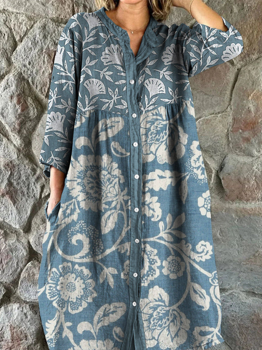 Retro Floral Art Print Vintage Chic V-Neck Button Up Long Sleeve Midi Dress