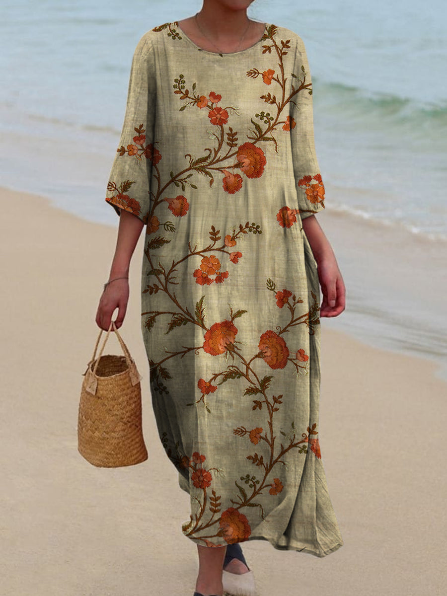 Retro Boho Floral Art Printed Round Neck Vintage Loose Long Sleeves Midi Dress