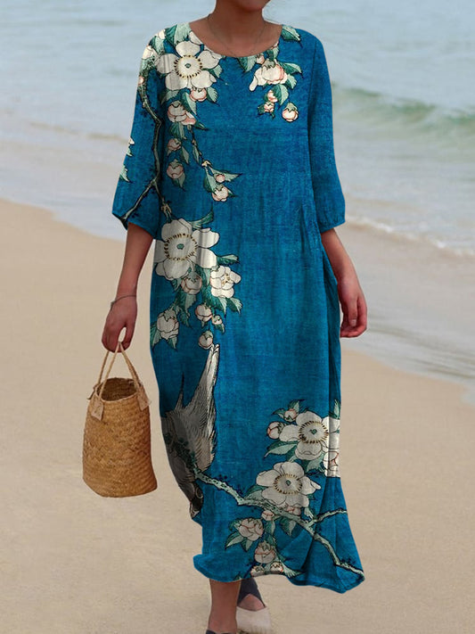 Retro Floral Art Printed Round Neck Vintage Loose Long Sleeves Midi Dress