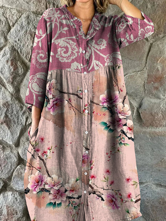 Retro Boho Floral Art Print Vintage Chic V-Neck Button Up Long Sleeve Midi Dress