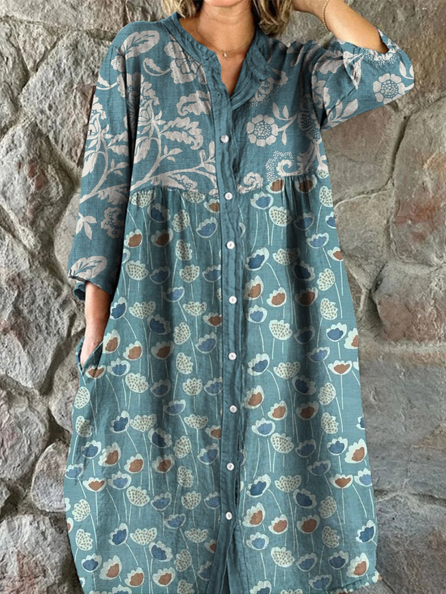 Retro Boho Floral Art Print Vintage Chic V-Neck Button Up Long Sleeve Midi Dress