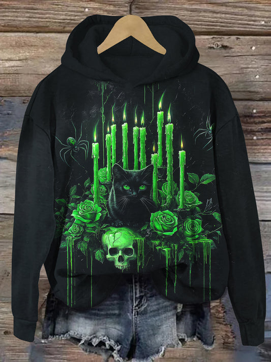 Black Cat Halloween Art Print Unisex Long Sleeve Casual Hooded Sweatshirt