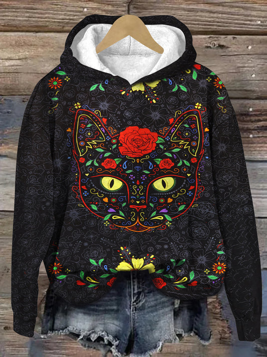 Black Cat Halloween Art Print Unisex Long Sleeve Casual Hooded Sweatshirt