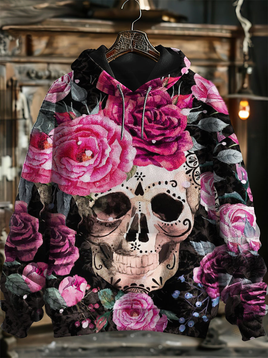 Unisex Skull Around Rose Print Hooded Sweatshirt With Pocket