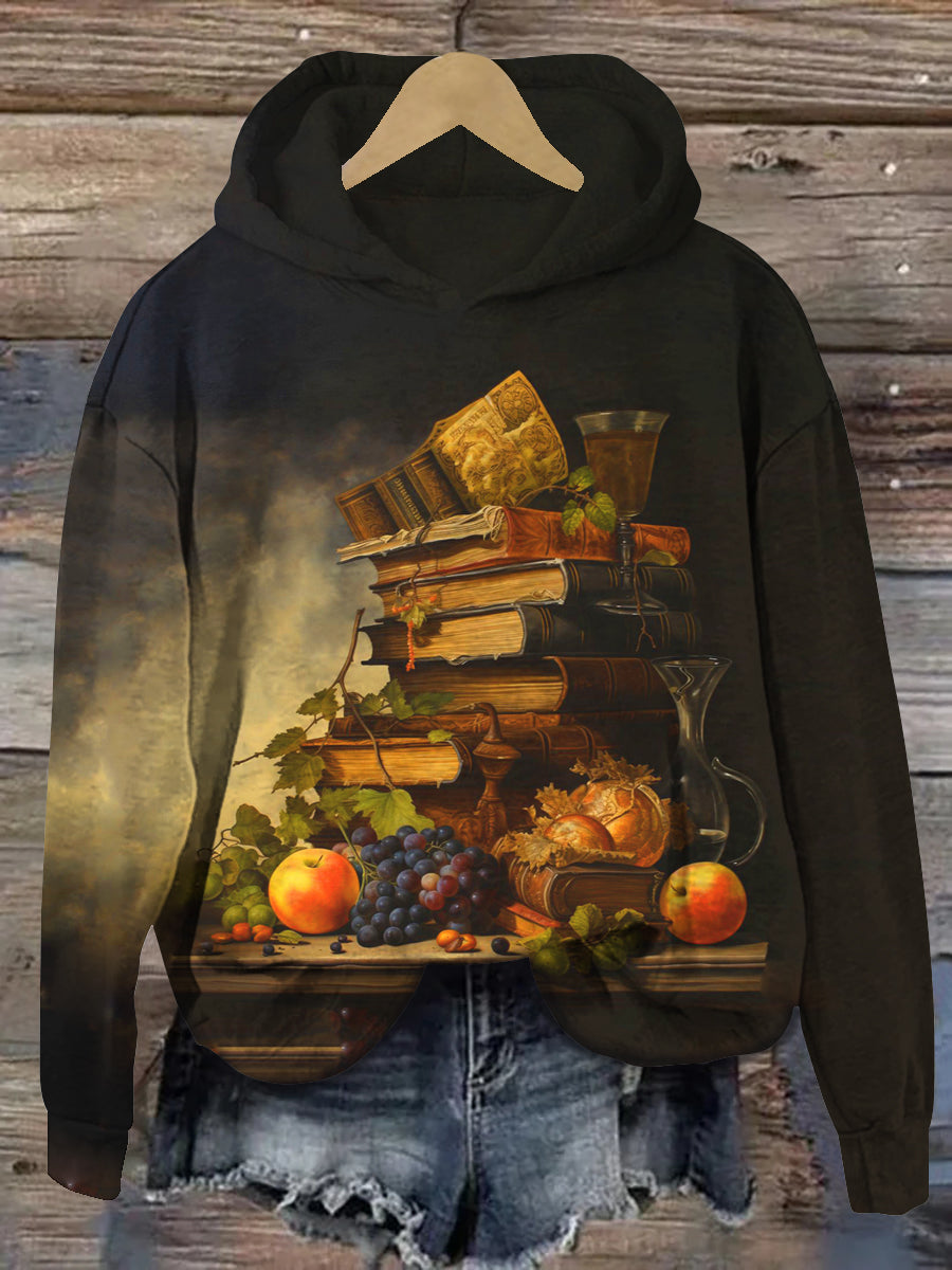 Vintage Book Art Print Unisex Long Sleeve Casual Hooded Sweatshirt