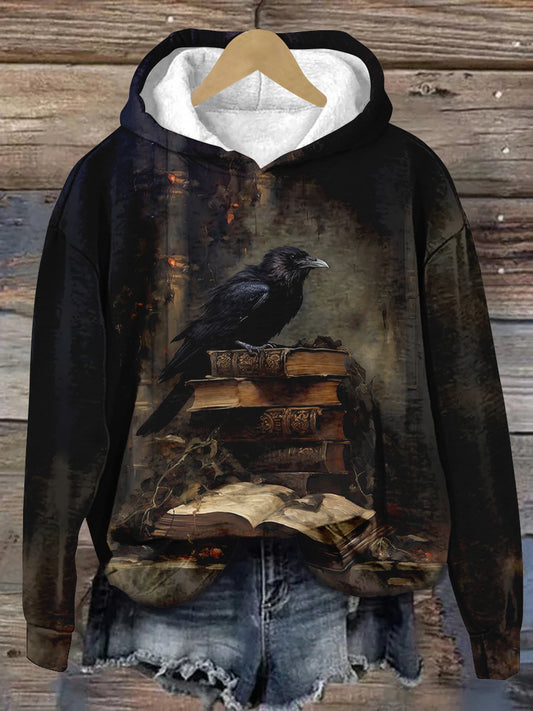 Raven Magic Book Art Print Unisex Hooded Long Sleeve Casual Sweatshirt