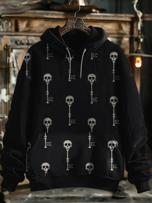 Unisex Skull Key Print Halloween Hooded Sweatshirt With Pocket