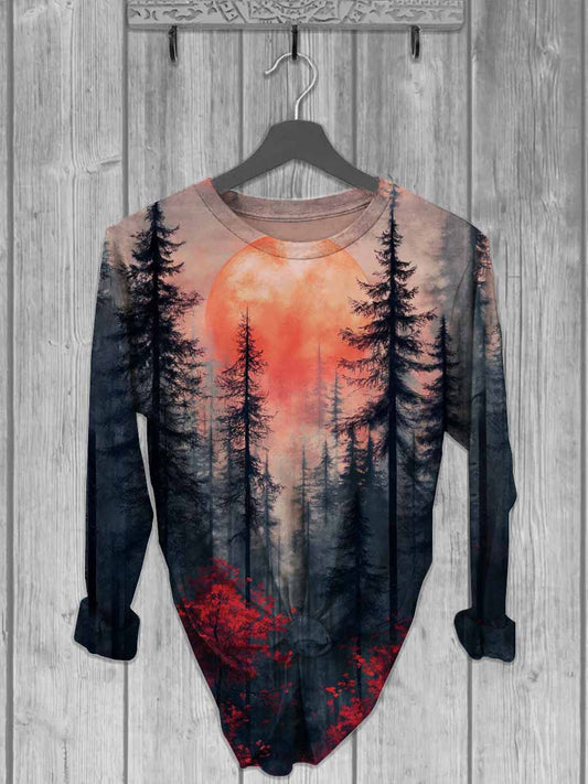 Unisex Sunset Forest Scenery Casual Long Sleeve T-Shirt