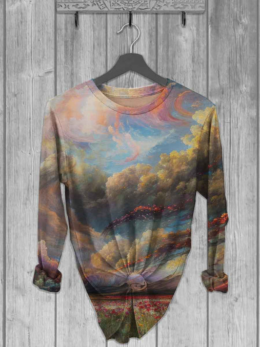 Unisex Abstract Landscape Print Casual Long Sleeve T-Shirt