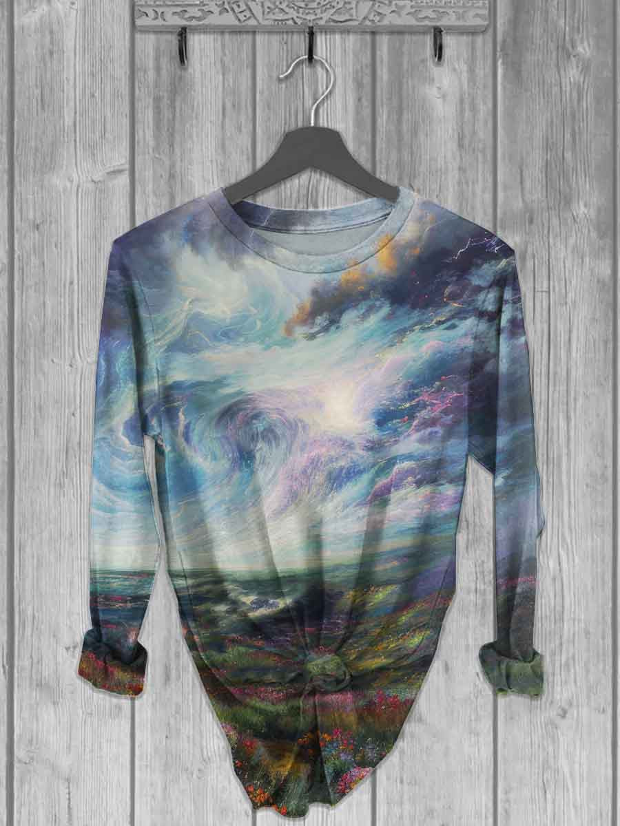 Unisex Abstract Landscape Print Casual Long Sleeve T-Shirt