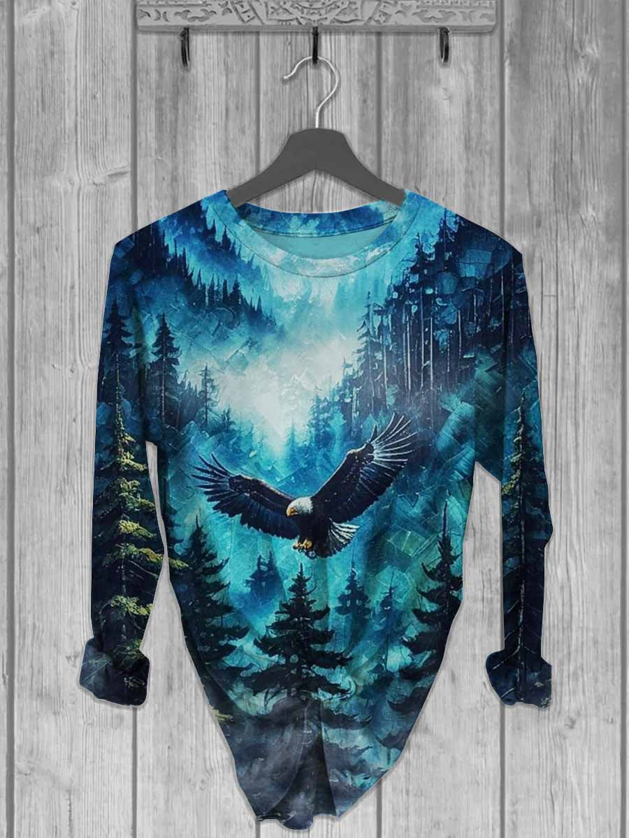 Unisex Eagle In The Forest Print Casual Long Sleeve T-Shirt