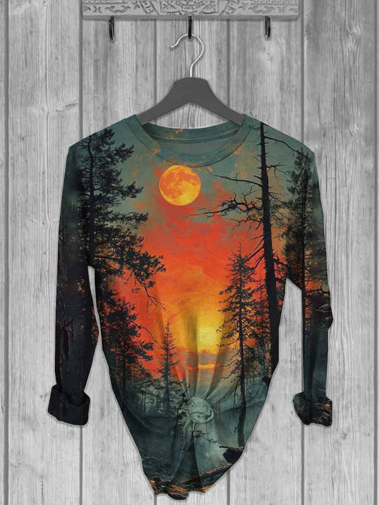 Unisex Sunset Forest Scenery Casual Long Sleeve T-Shirt