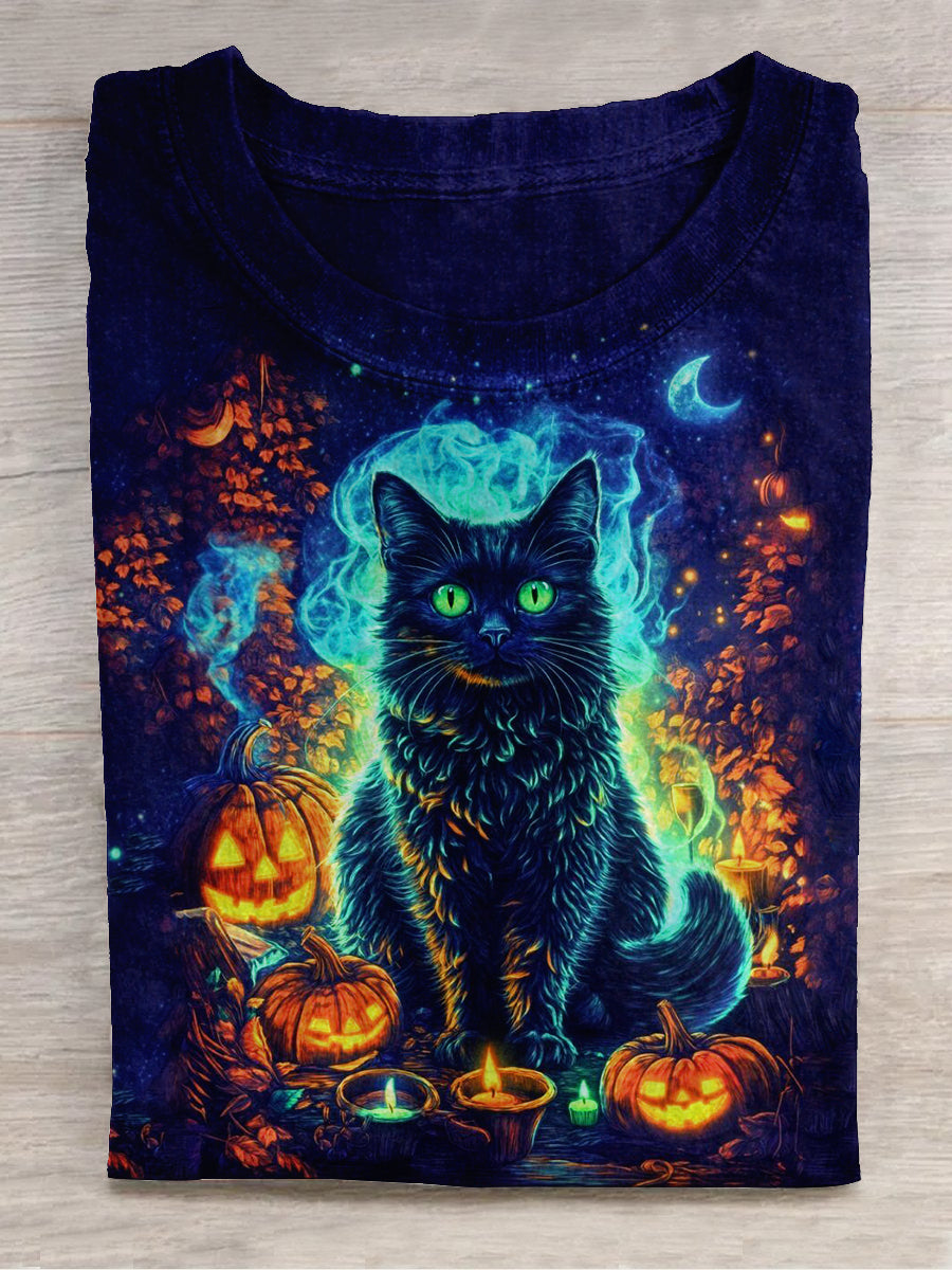 Black Cat Halloween Art Print Unisex Round Neck Short Sleeve Casual T-Shirt