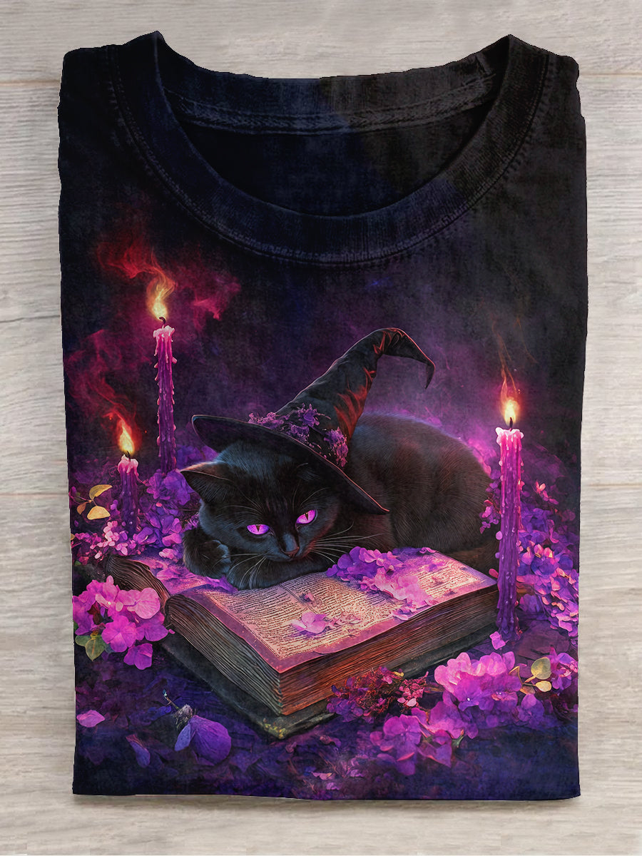 Black Cat Wizard Art Print Unisex Round Neck Short Sleeve Casual T-Shirt