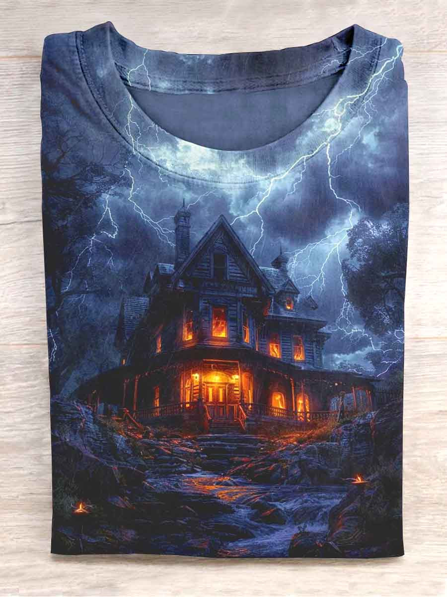 Unisex Halloween Horror House Print Casual T-Shirt