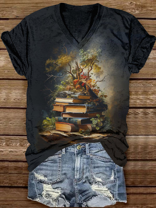 Book Art Print Unisex V-Neck Short Sleeve Casual T-Shirt