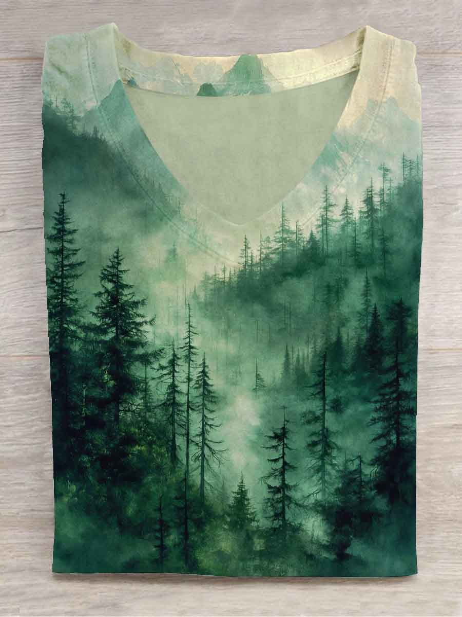 Unisex Forest Landscape Printed Casual V-Neck T-Shirt