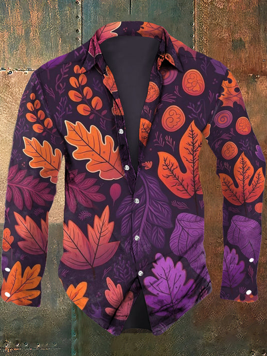 Men's Autumn Maple Leaf Print Casual Long Sleeve Shirt