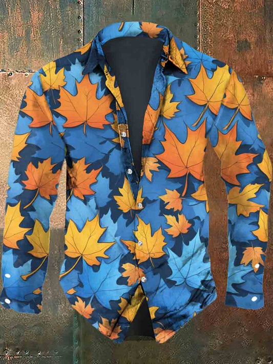 Men's Autumn Maple Leaf Print Casual Long Sleeve Shirt