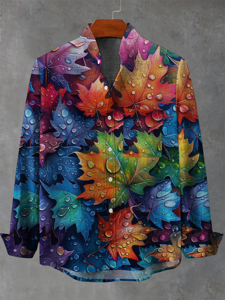 Men's Autumn Maple Leaf Print Casual Long Sleeve Pocket Shirt