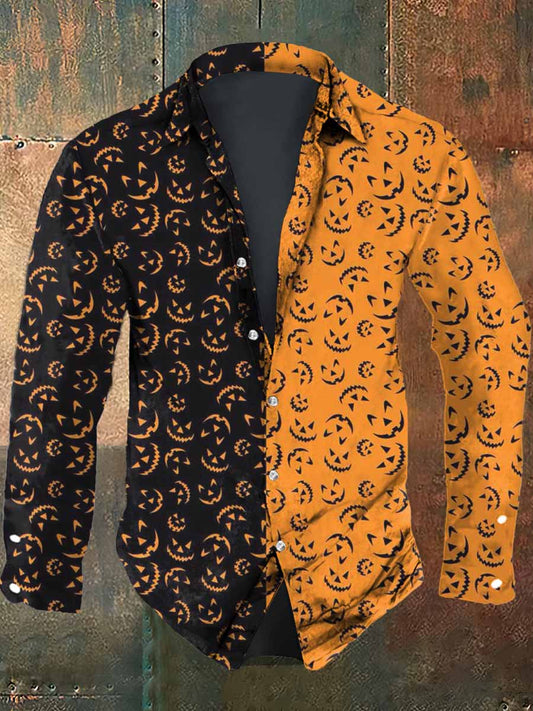 Men's Halloween Patchwork Print Casual Long Sleeve Shirt