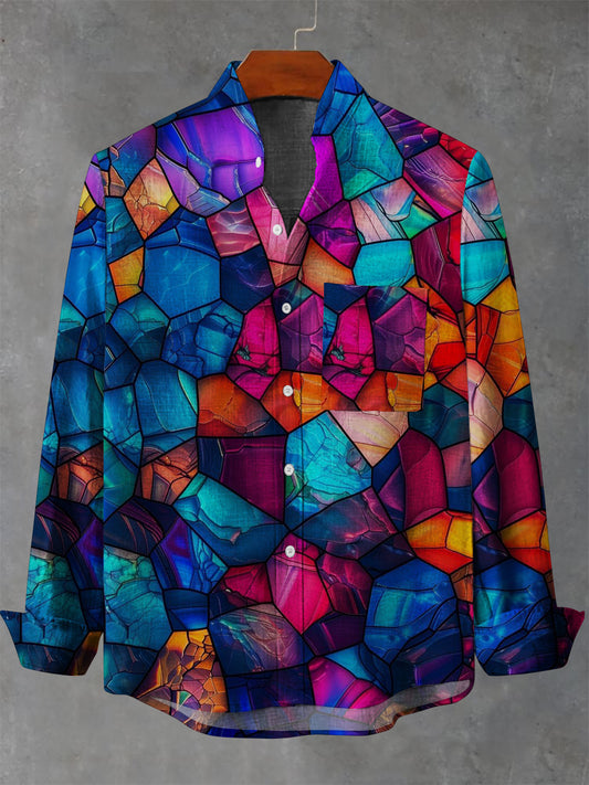 Men's Color Block Irregular Print Casual Long Sleeve Pocket Shirt