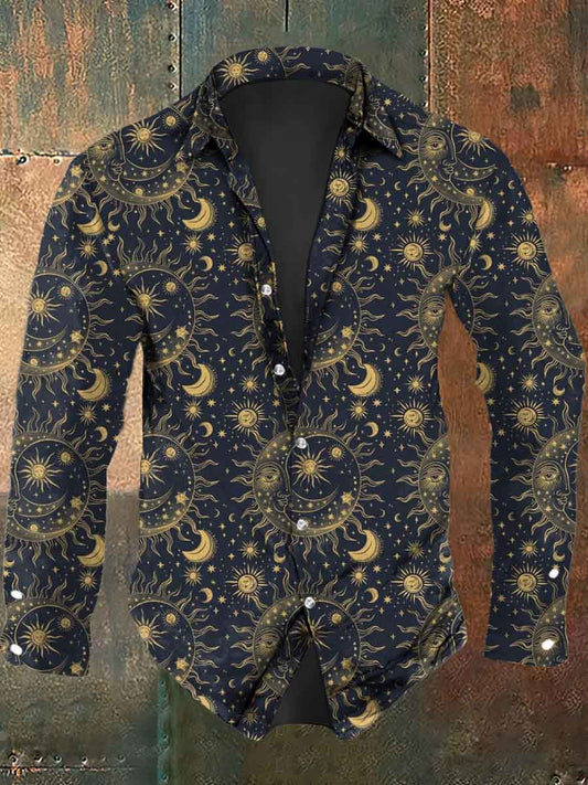 Men's Sun and Moon Printed Casual Long Sleeve Shirt