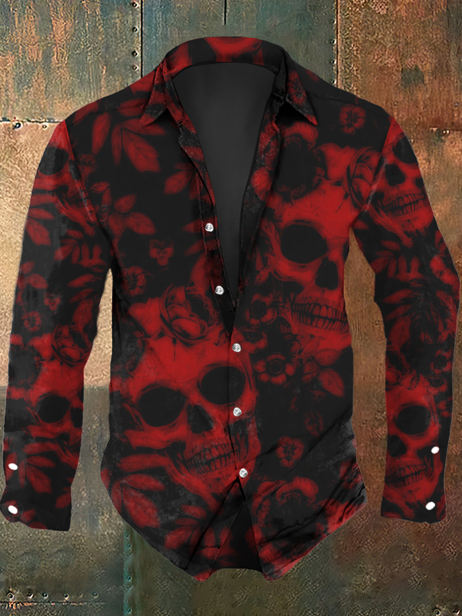 Men's Halloween Skull Floral Print Casual Shirt Long Sleeve