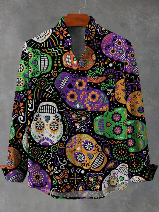 Men's Halloween Skull Print Casual Long Sleeve Pocket Shirt