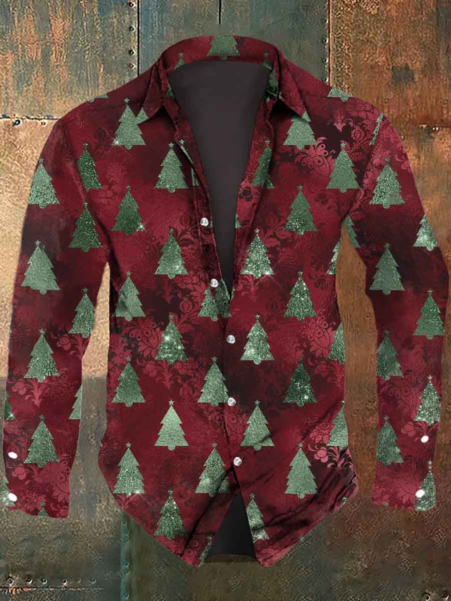 Men's Christmas Tree Printed Casual Long Sleeve Shirt