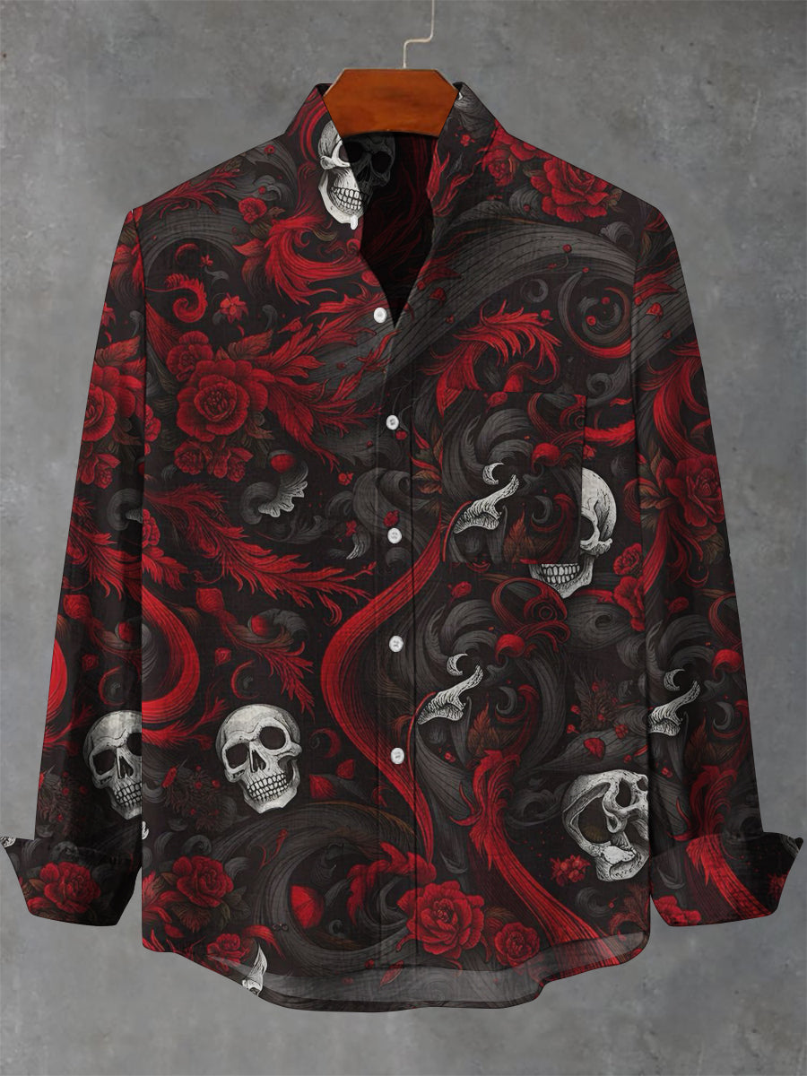 Men's Skull Floral Casual Long Sleeve Shirt