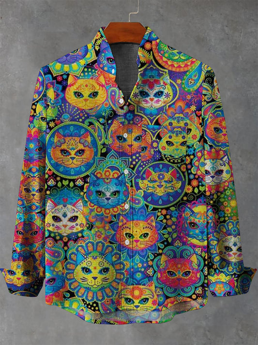 Men's Colorful Cat Print Casual Long Sleeve Pocket Shirt