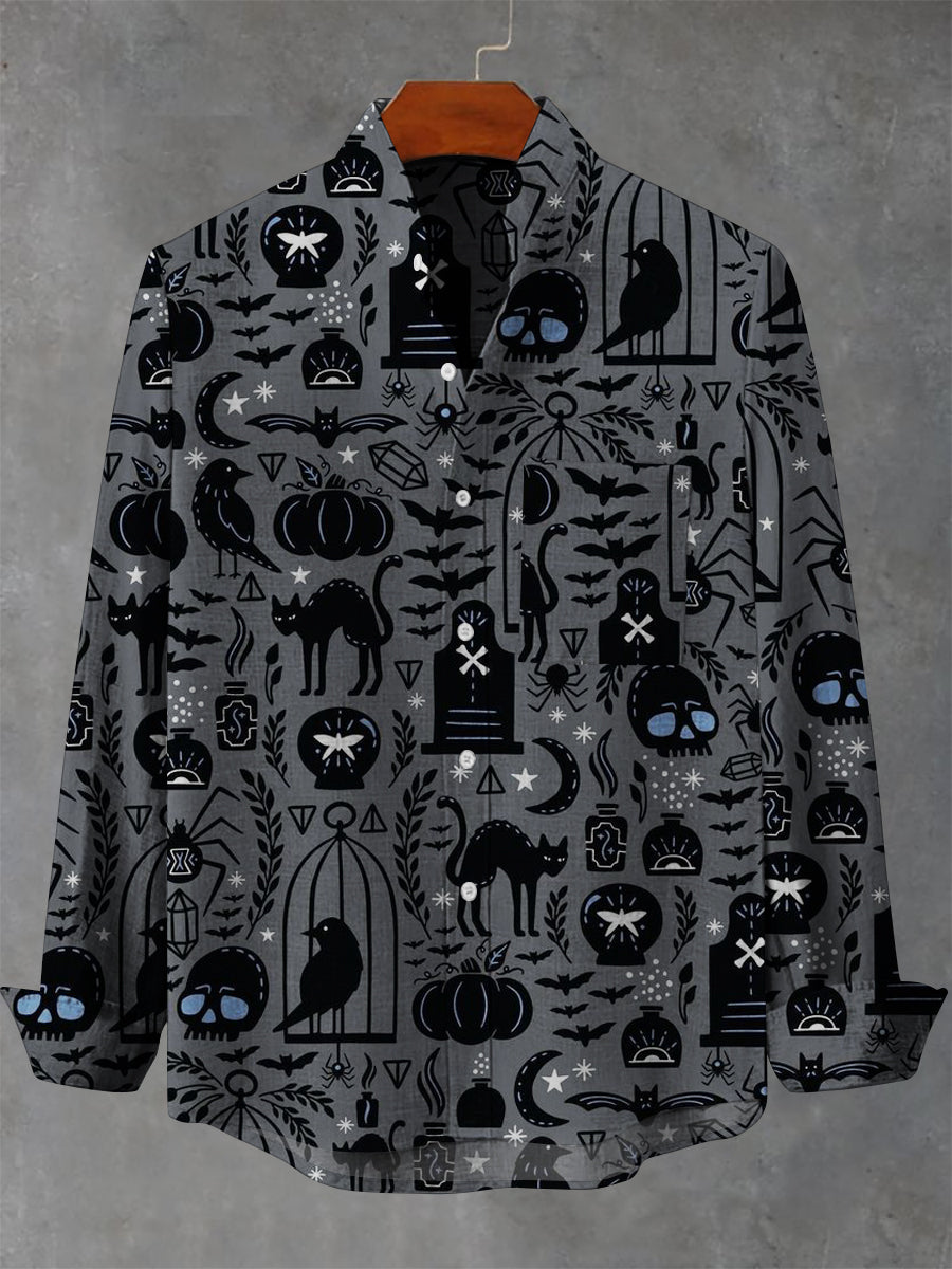 Men's Cat Raven Print Casual Long Sleeve Shirt