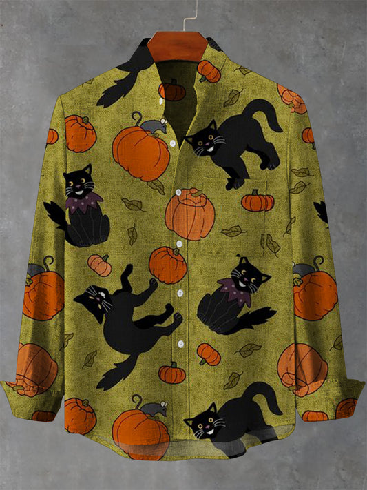 Men's Cute Cat Pumpkin Print Casual Long Sleeve Shirt