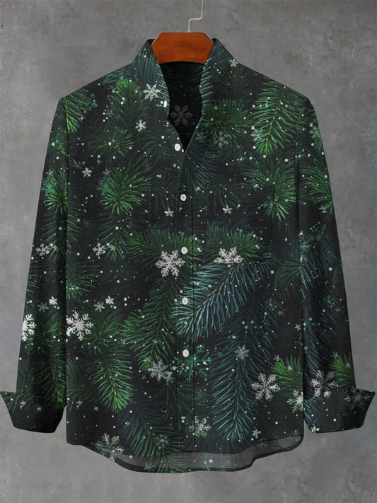 Men's Christmas Pine Tree Print Casual Long Sleeve Shirt