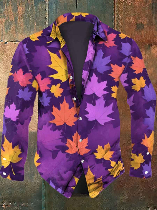 Men's Autumn Maple Leaf Print Casual Long Sleeve Shirt