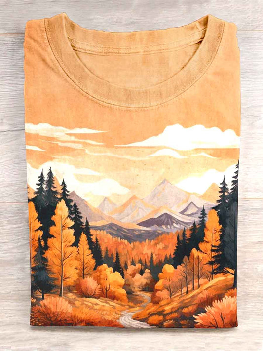 Unisex Autumn Scenery Printed Casual T-shirt