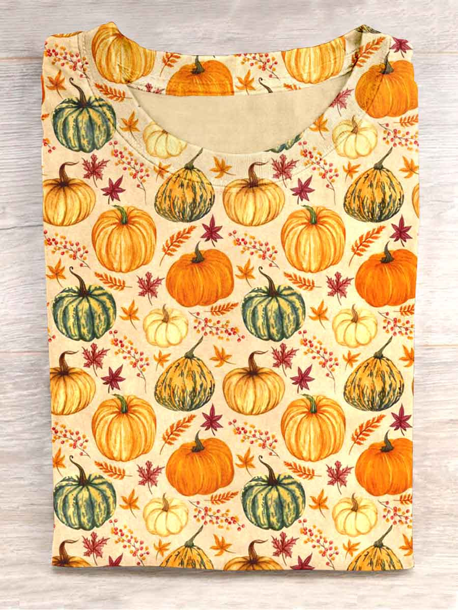 Unisex Autumn Pumpkin Print Casual T-Shirt