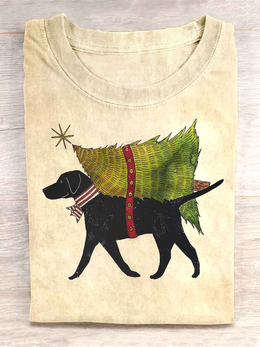 Unisex Funny Dog Christmas Tree Print Casual T-Shirt