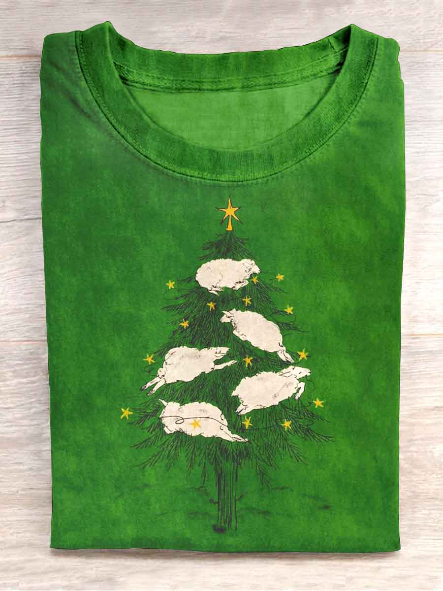 Unisex Funny Sheep Christmas Tree Print Casual T-shirt